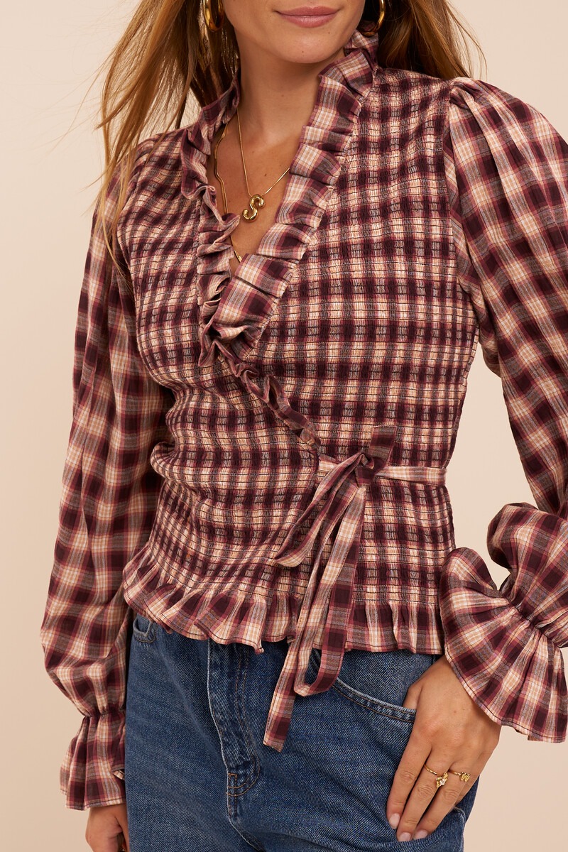 Dark red checked wrap top with long sleeves | My Jewellery
