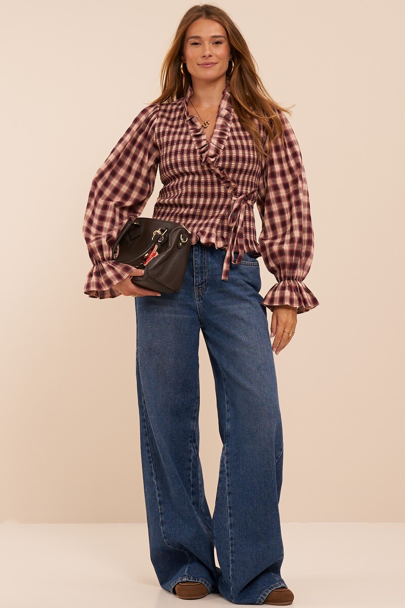 Dark red checked wrap top with long sleeves | My Jewellery