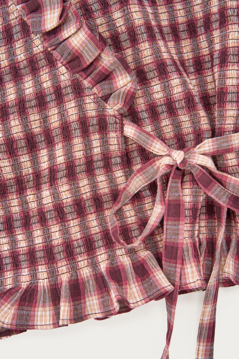 Dark red checked wrap top with long sleeves | My Jewellery