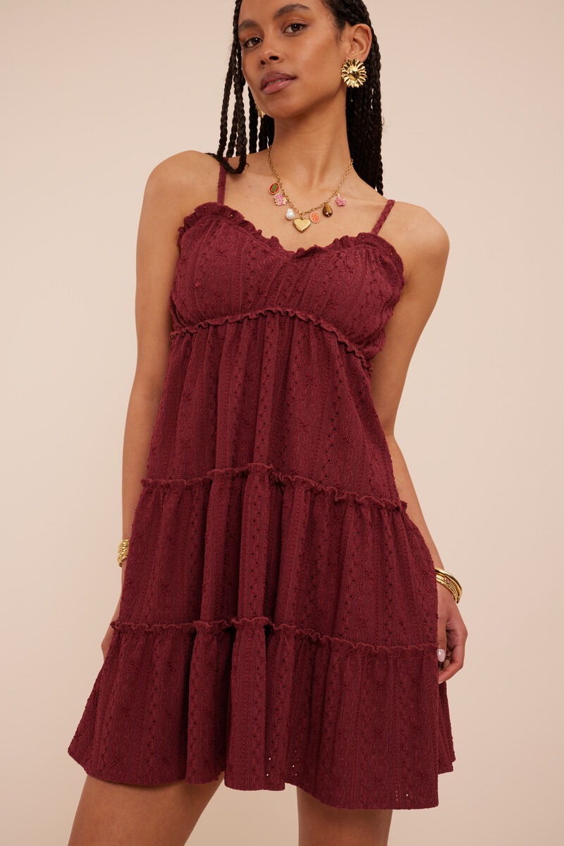 Dark red dress with layers and embroidery | My Jewellery