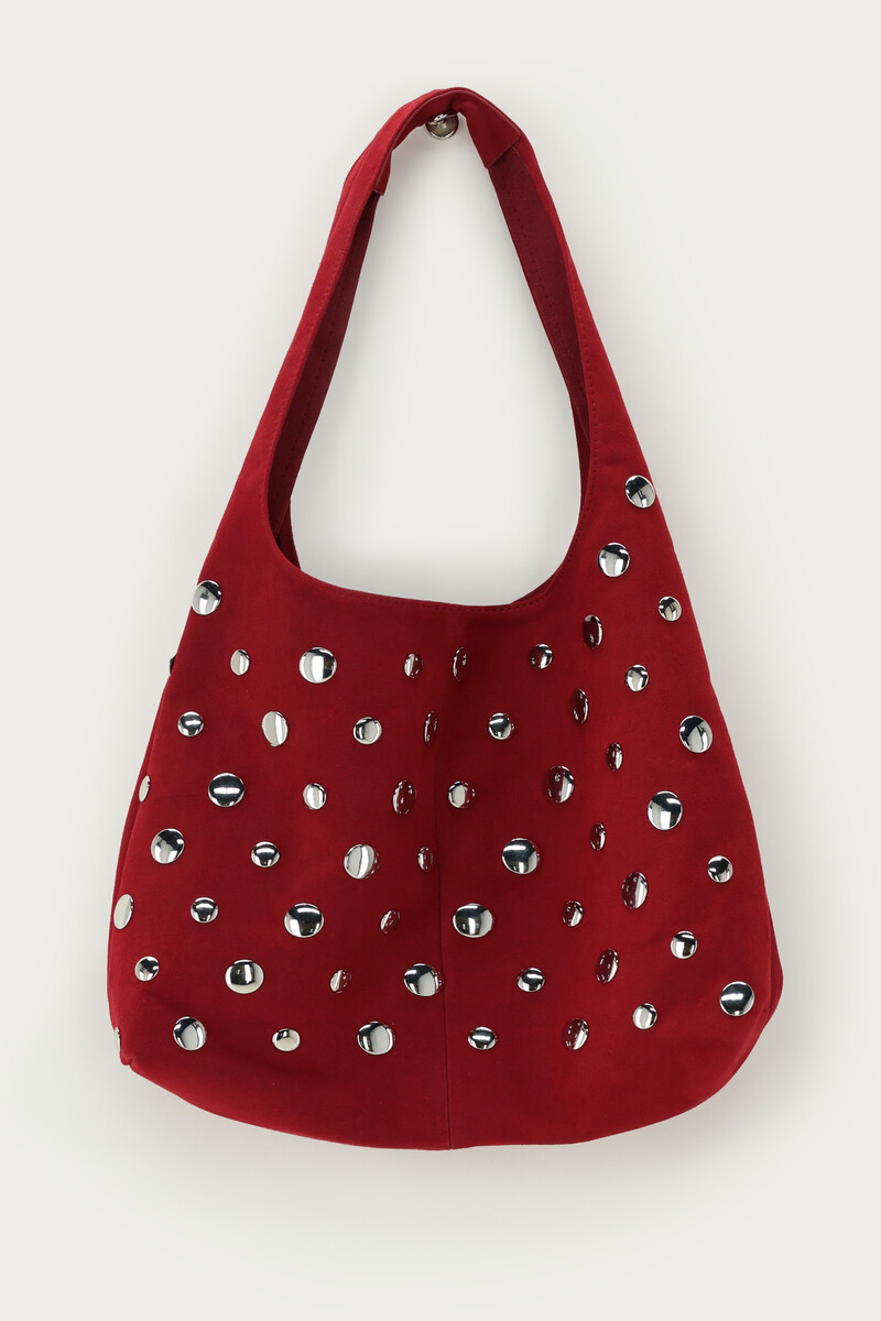 Dark red shoulder bag with large studs | My Jewellery