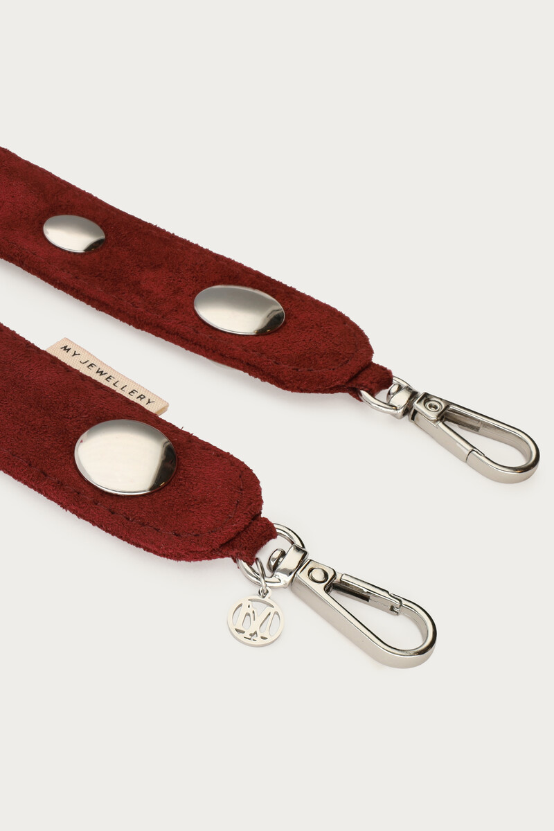 Dark red phone cord in suede look with studs | My Jewellery