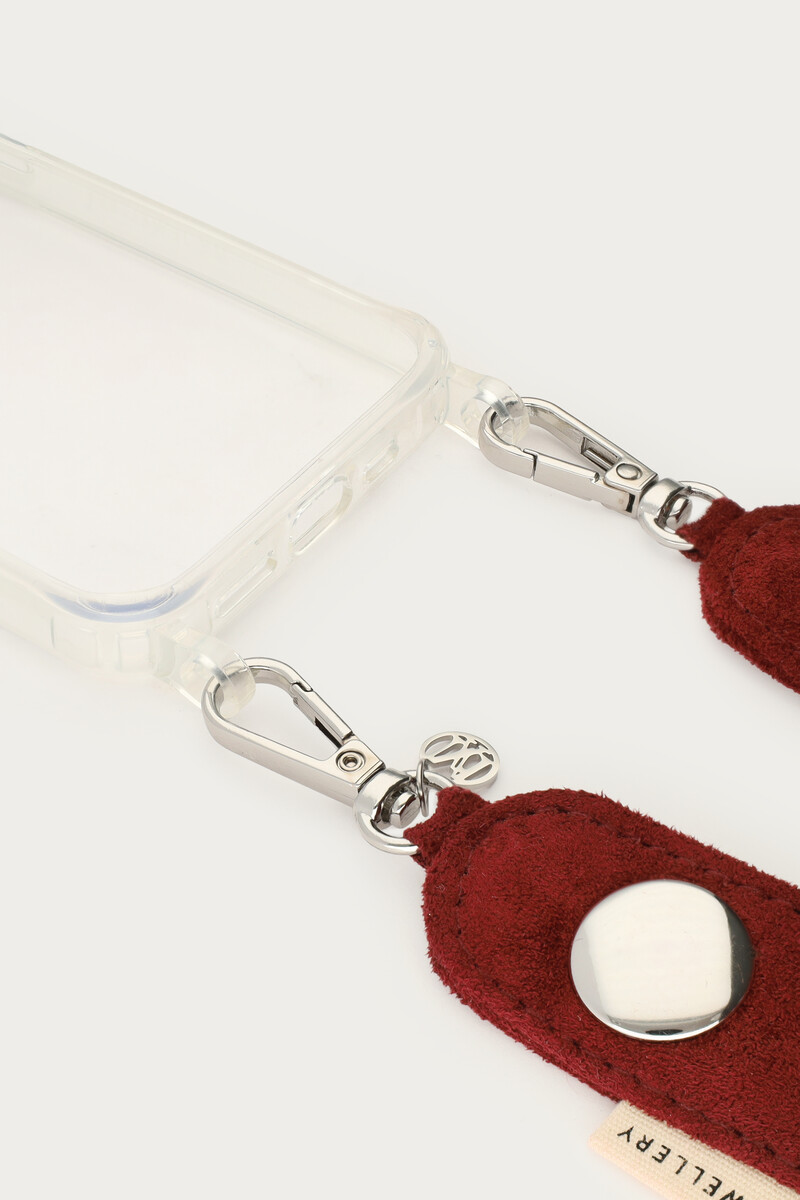 Dark red phone cord in suede look with studs | My Jewellery