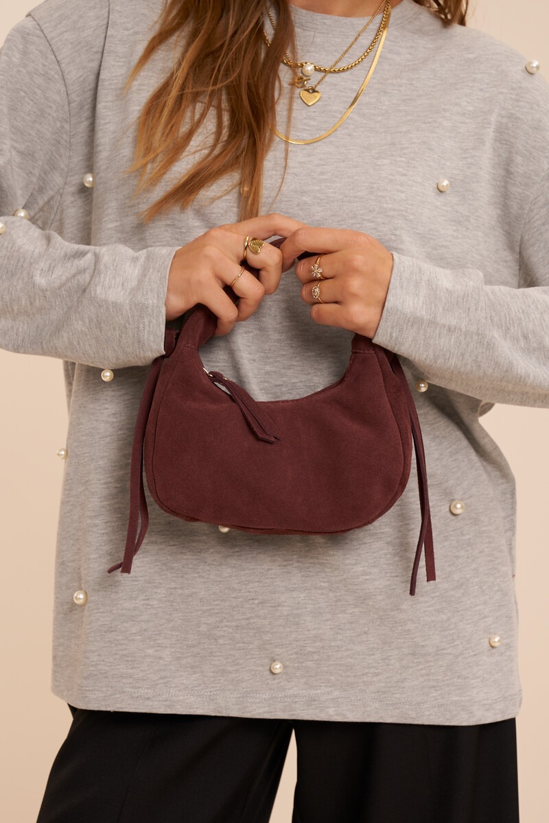 Dark red suede crescent-shaped bag | My Jewellery