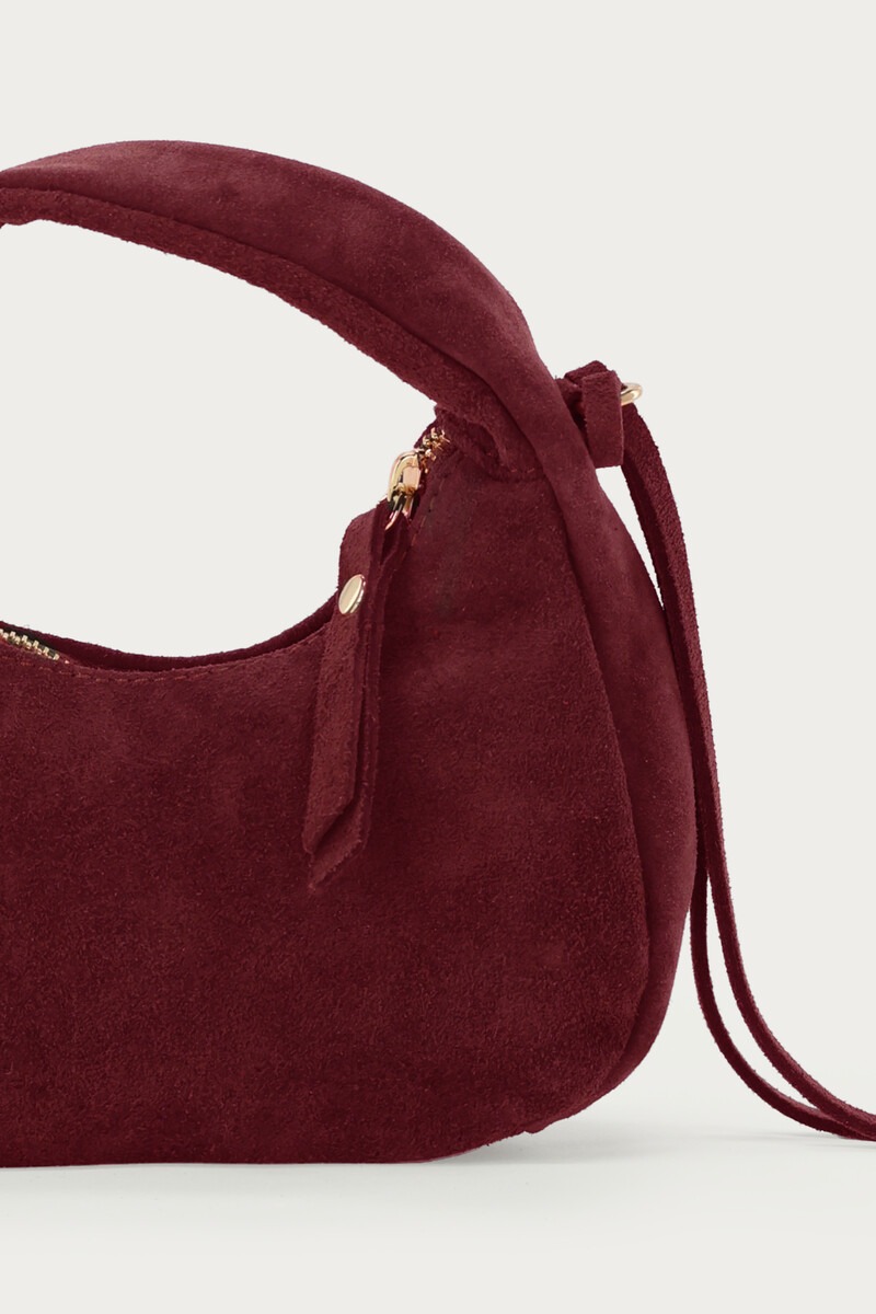 Dark red suede crescent-shaped bag | My Jewellery