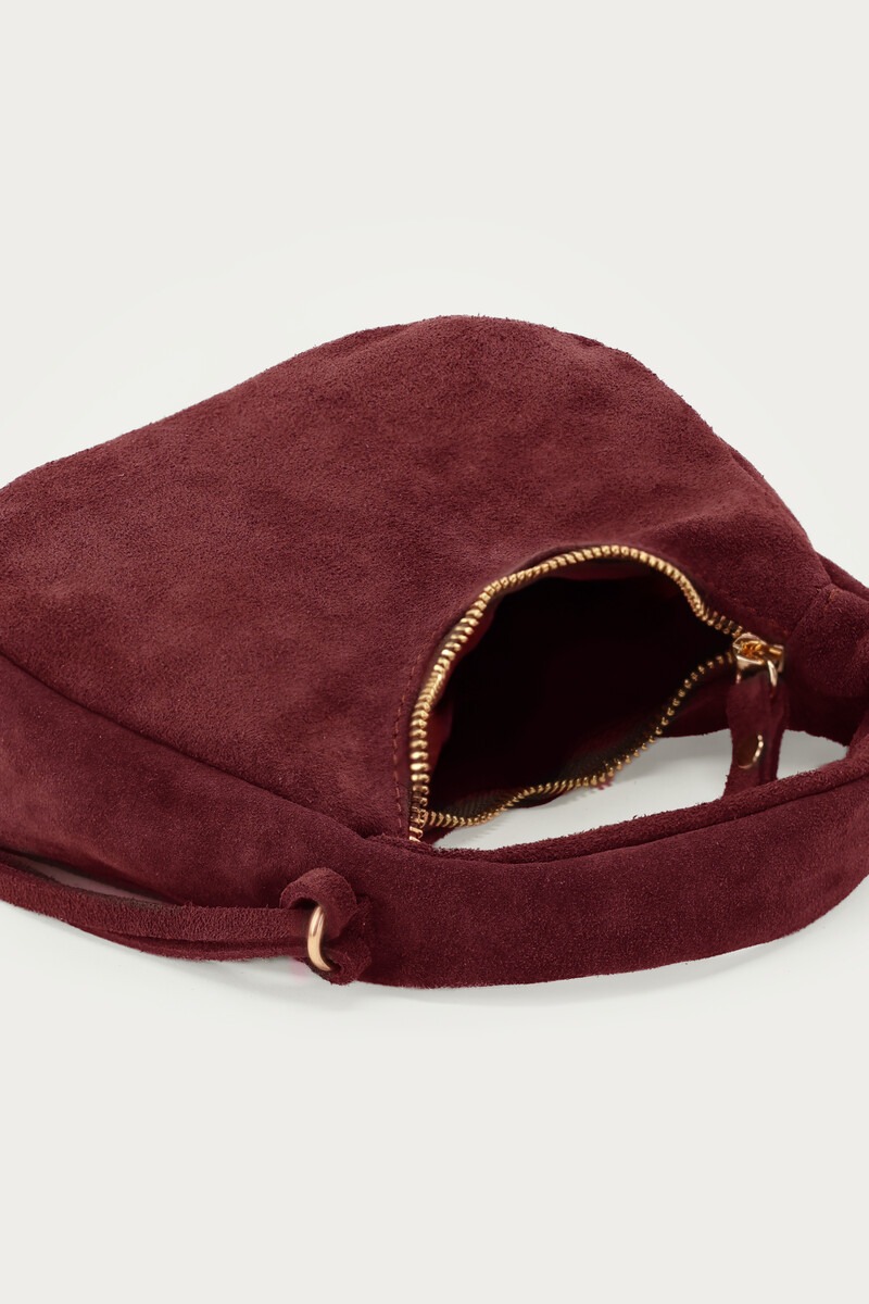 Dark red suede crescent-shaped bag | My Jewellery
