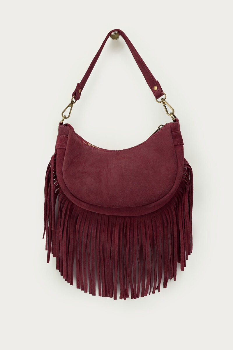 Dark red suede shoulder bag with fringes | My Jewellery