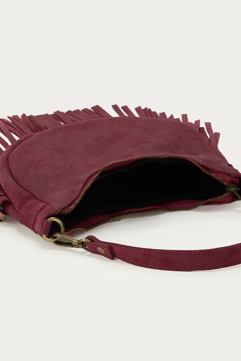 Dark red suede shoulder bag with fringes | My Jewellery