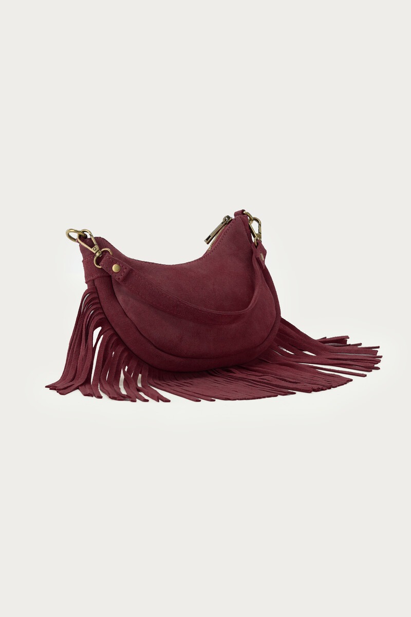 Dark red suede shoulder bag with fringes | My Jewellery