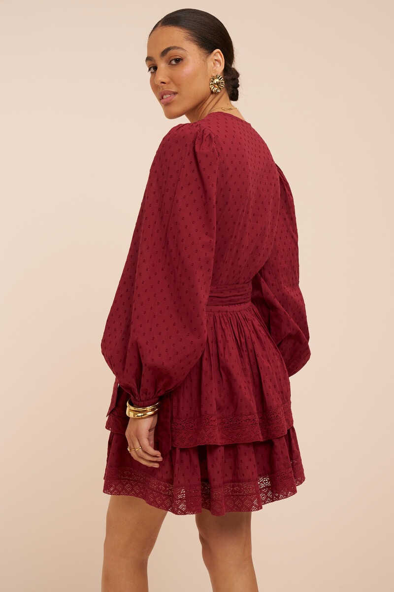 Dark red wrap dress with ruffles | My Jewellery