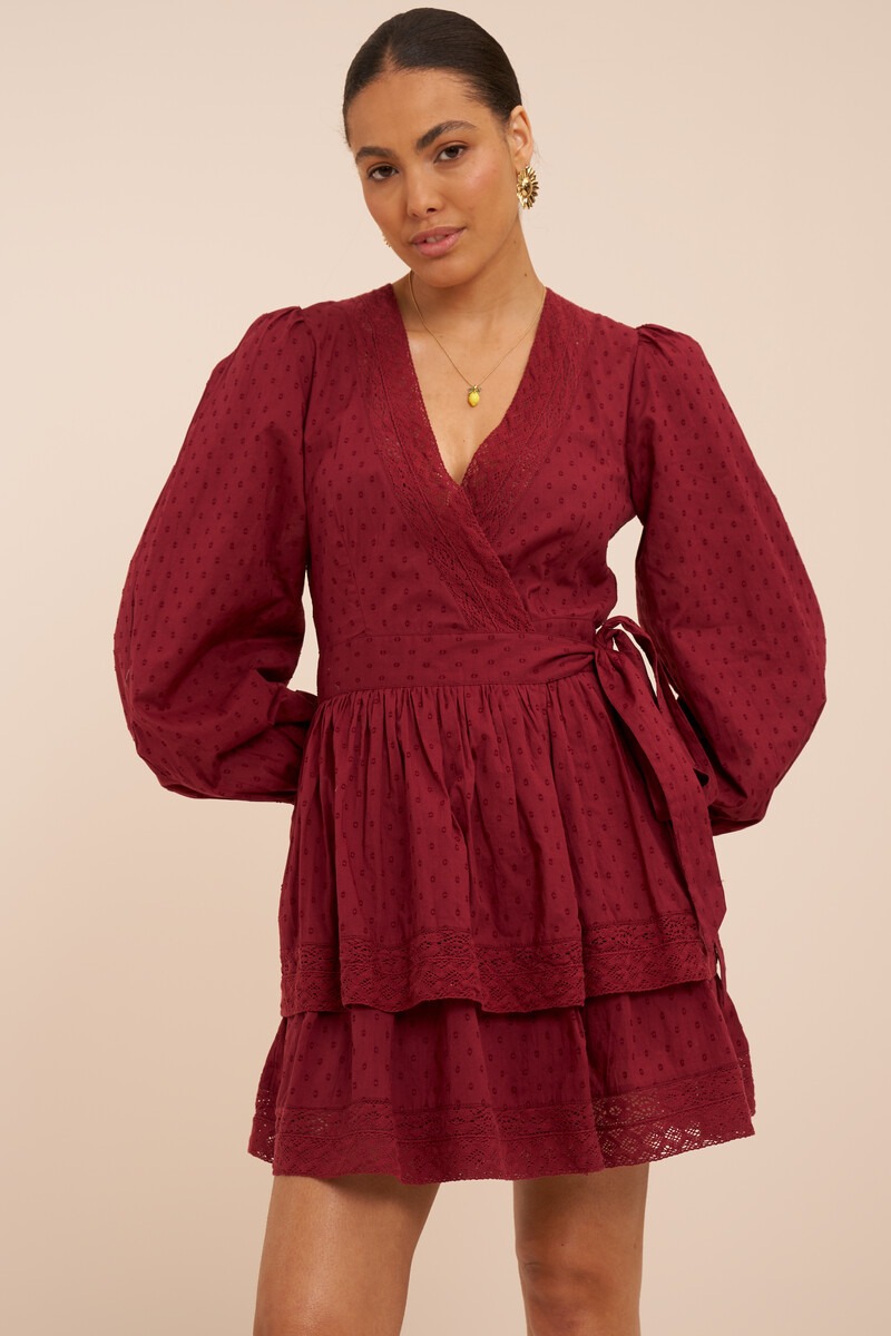 Dark red wrap dress with ruffles | My Jewellery
