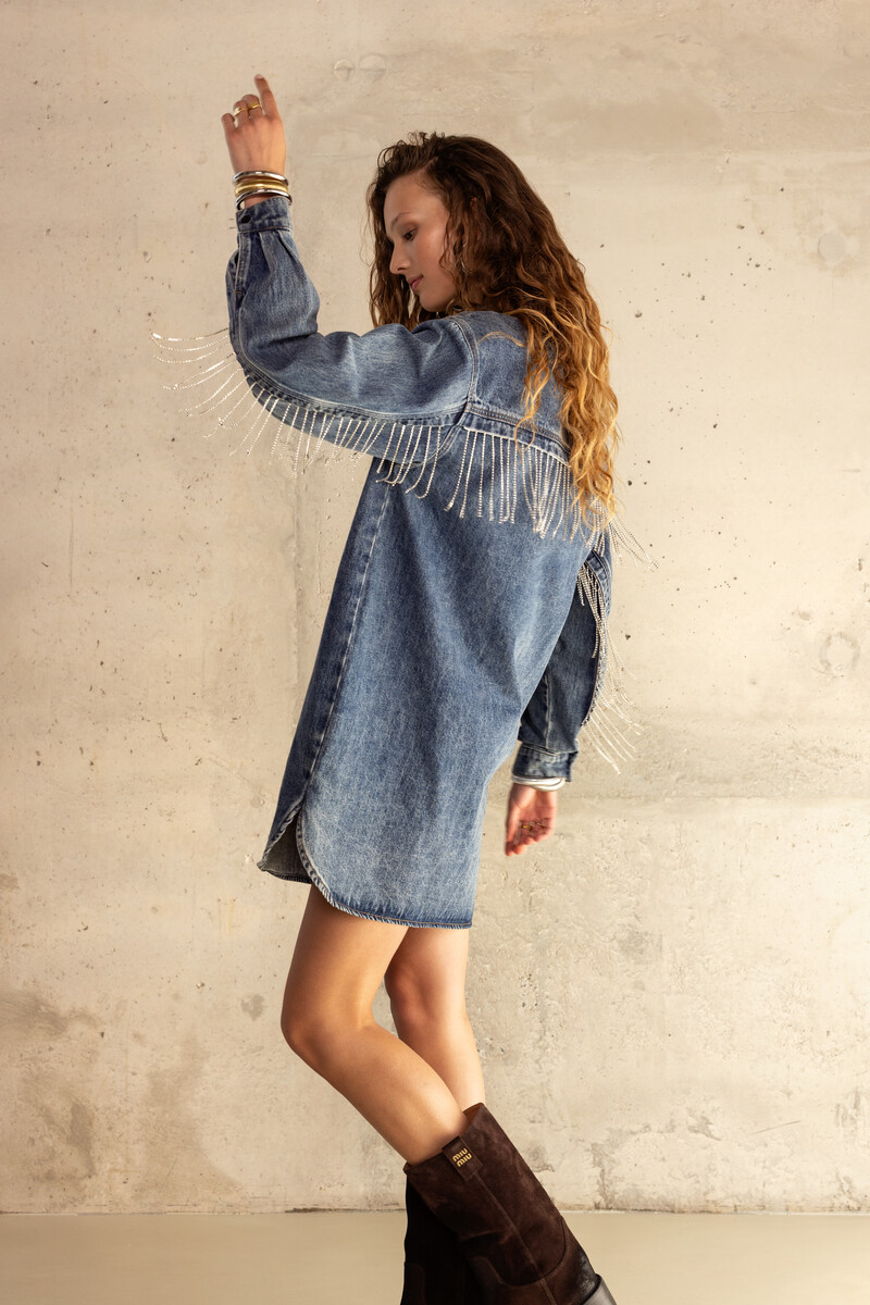 Blue denim dress with rhinestone trims | My Jewellery