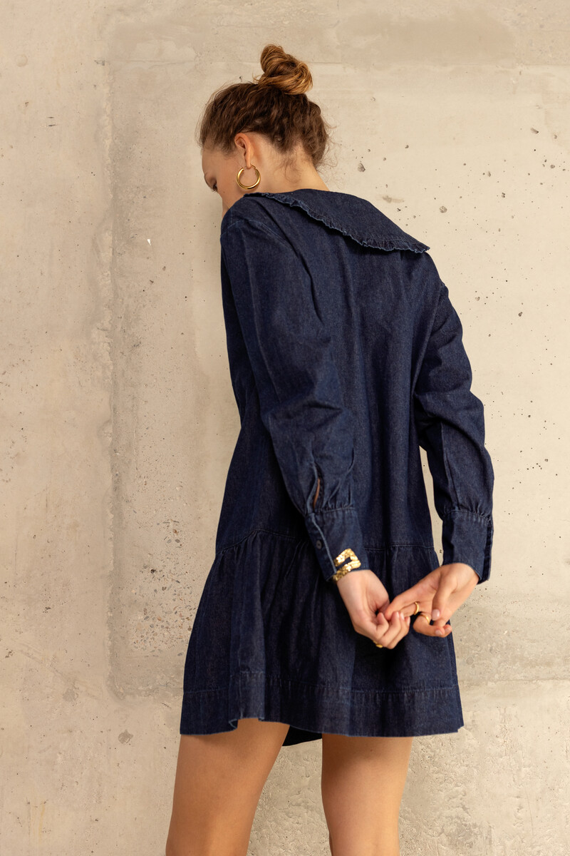 Dark blue denim dress with ruffle | My Jewellery
