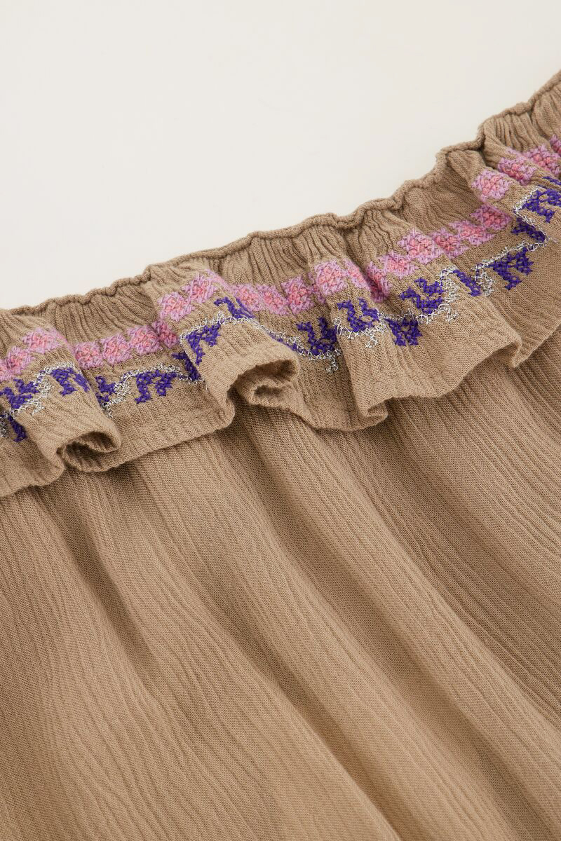 Beige one-shoulder top with multicoloured embroidery | My Jewellery