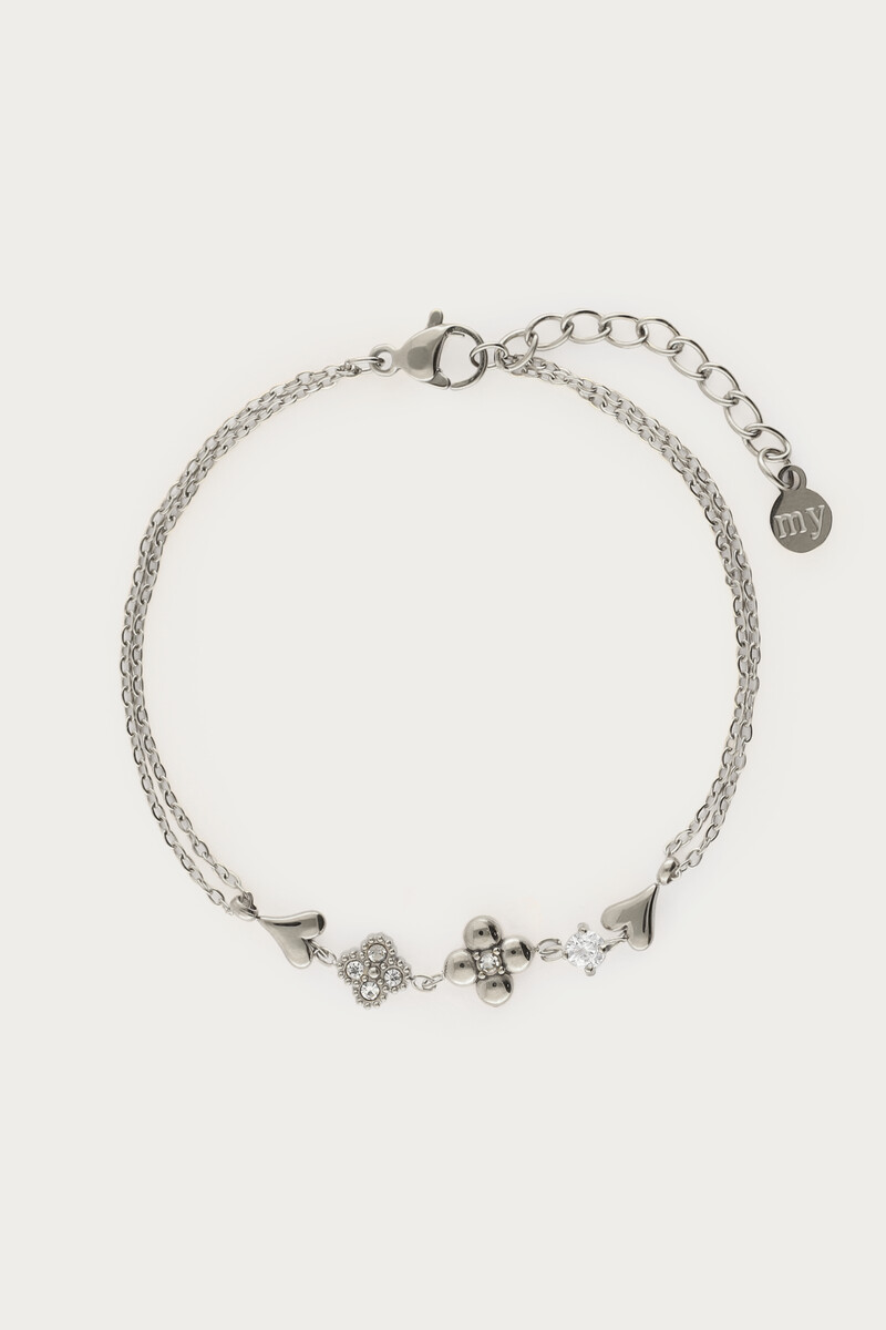 Double bracelet with five charms and rhinestones