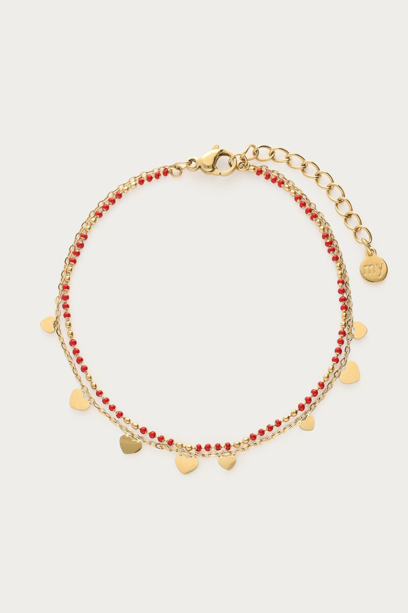Dubbele armband met hartjes en rode bolletjes