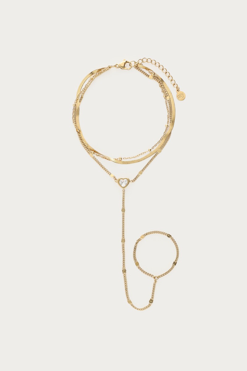 Dubbele hand ketting met hartje en strass steen
