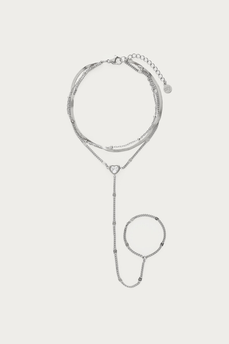 Dubbele hand ketting met hartje en strass steen