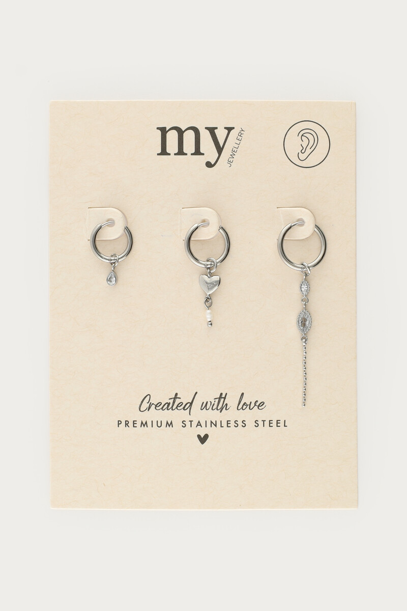 Ear game set of three hoop earrings with heart and rhinestones | My Jewellery
