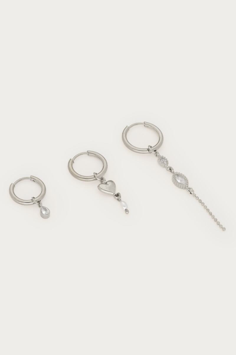 Ear game set of three hoop earrings with heart and rhinestones | My Jewellery