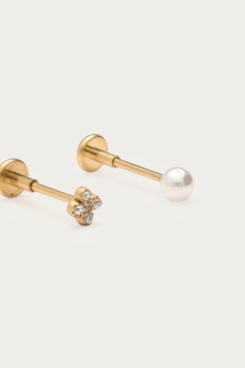 Ear piercing set with freshwater pearl and rhinestone clover | My Jewellery