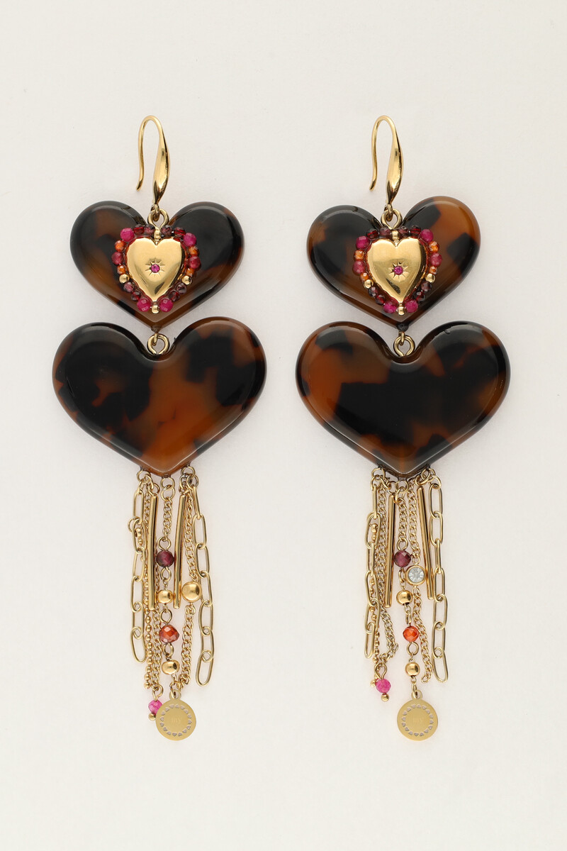 Earrings with leopard print hearts and cords