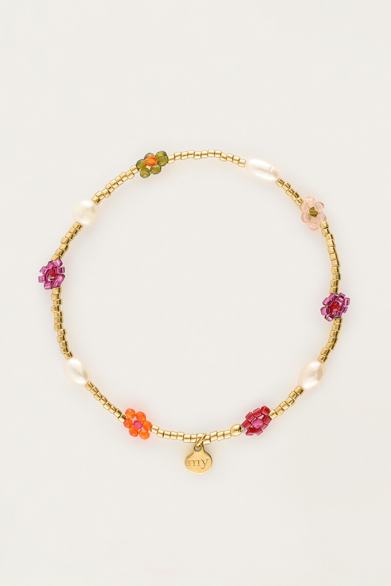 Sunrocks elastic bracelet with multicolor flowers & freshwater pearls