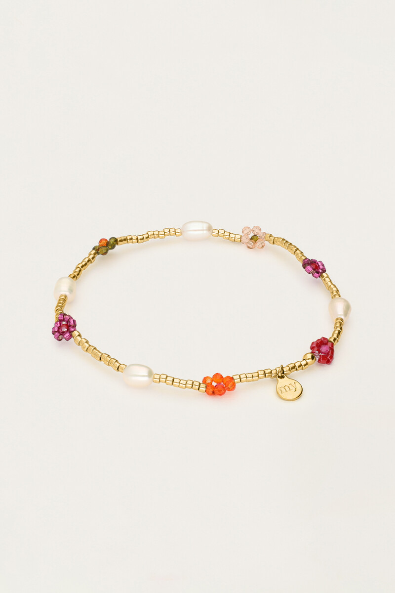 elastic bracelet with multicolour flowers & pearls