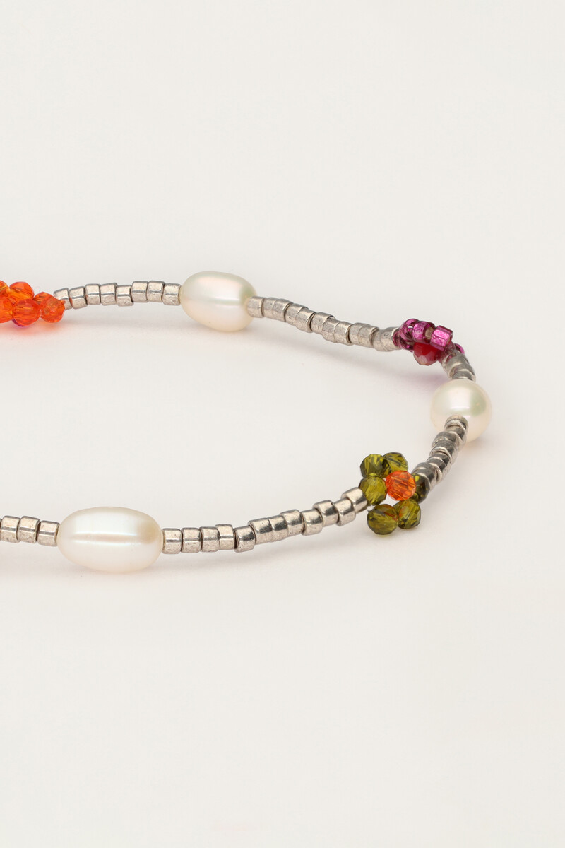 elastic bracelet with multicolour flowers & pearls