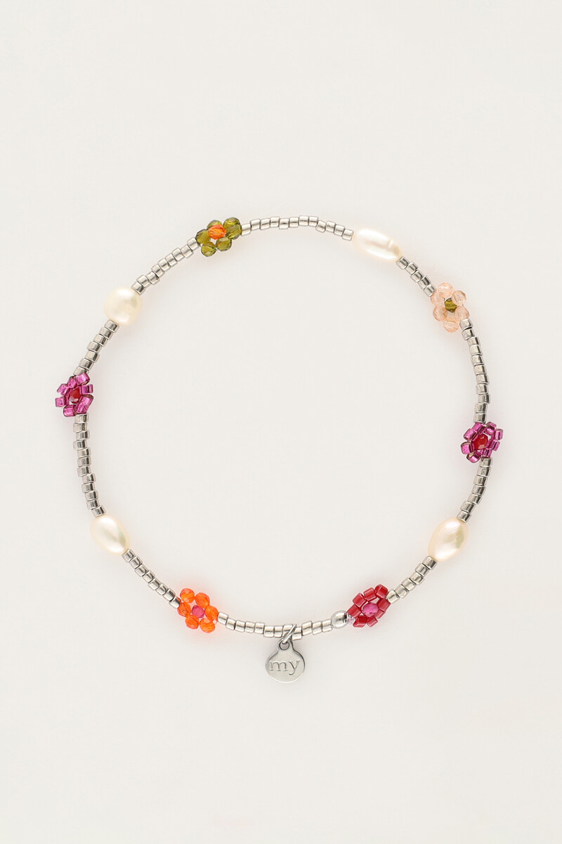 Sunrocks elastic bracelet with multicolor flowers & freshwater pearls