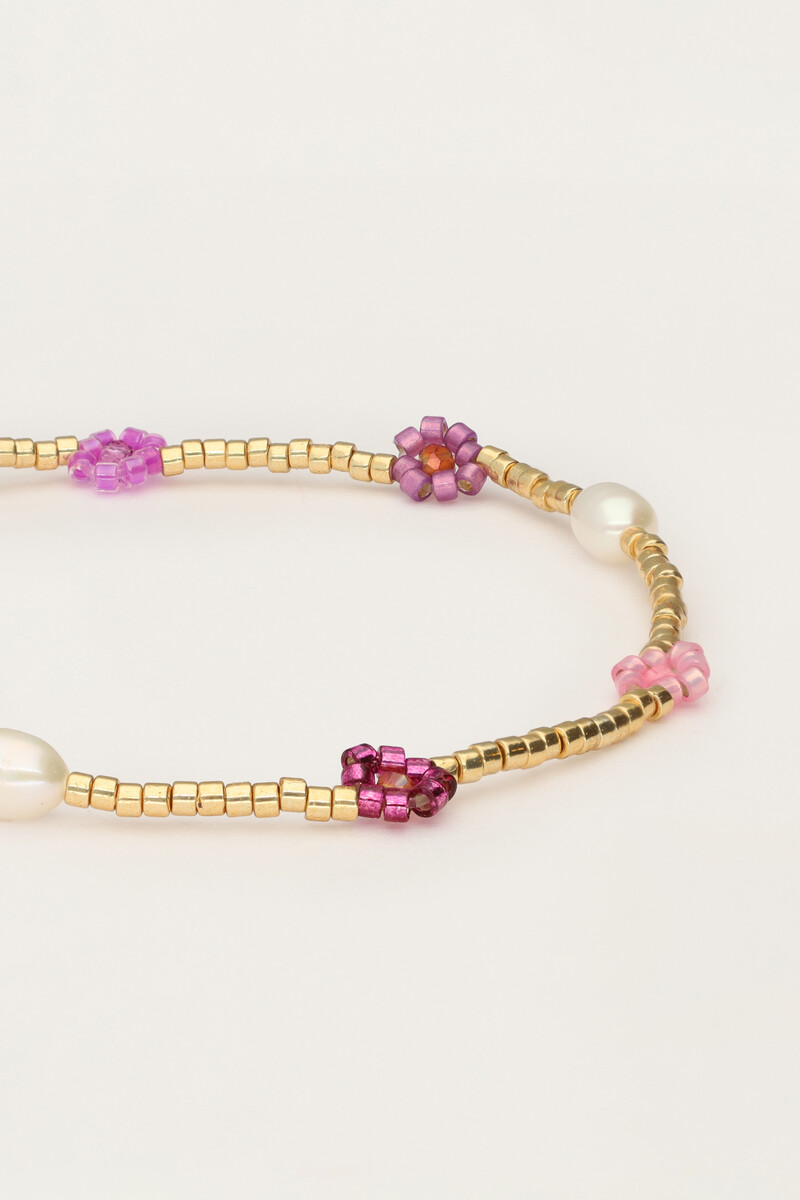 Elastic bracelet with pink flowers & freshwater pearls | My Jewellery