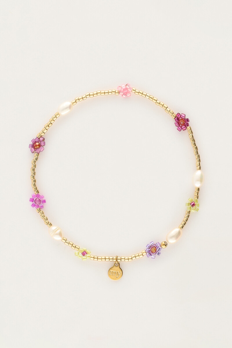 Elastic bracelet with pink flowers & freshwater pearls | My Jewellery