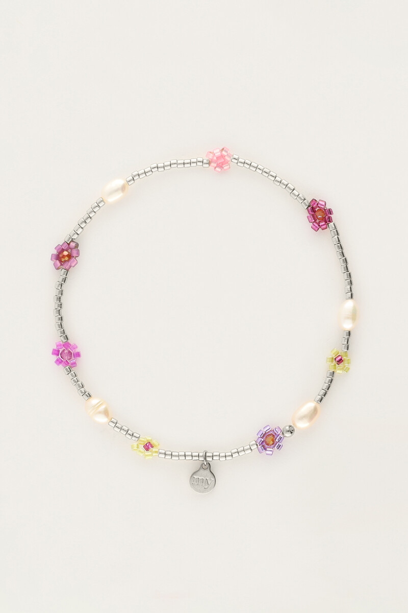 Elastic bracelet with pink flowers & freshwater pearls | My Jewellery