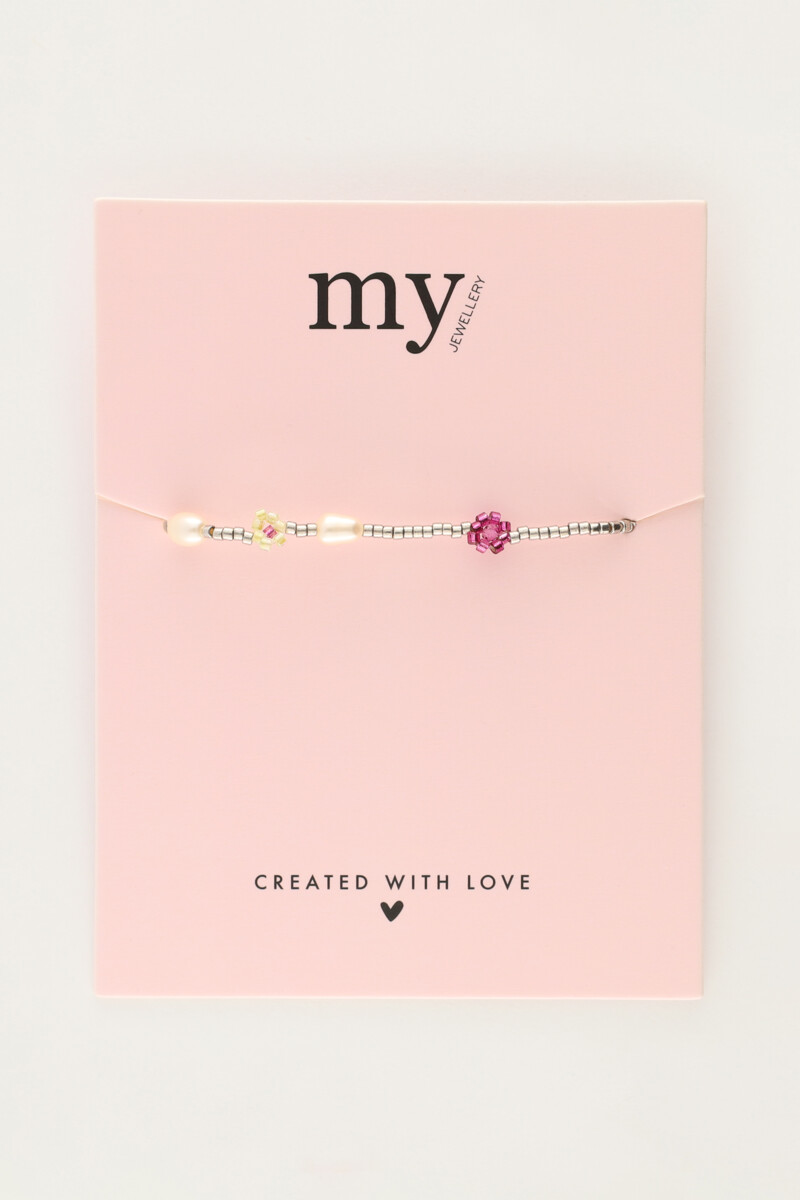 Elastic bracelet with pink flowers & freshwater pearls | My Jewellery
