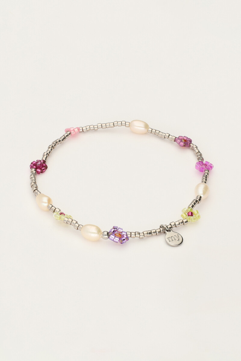 Elastic bracelet with pink flowers & freshwater pearls | My Jewellery