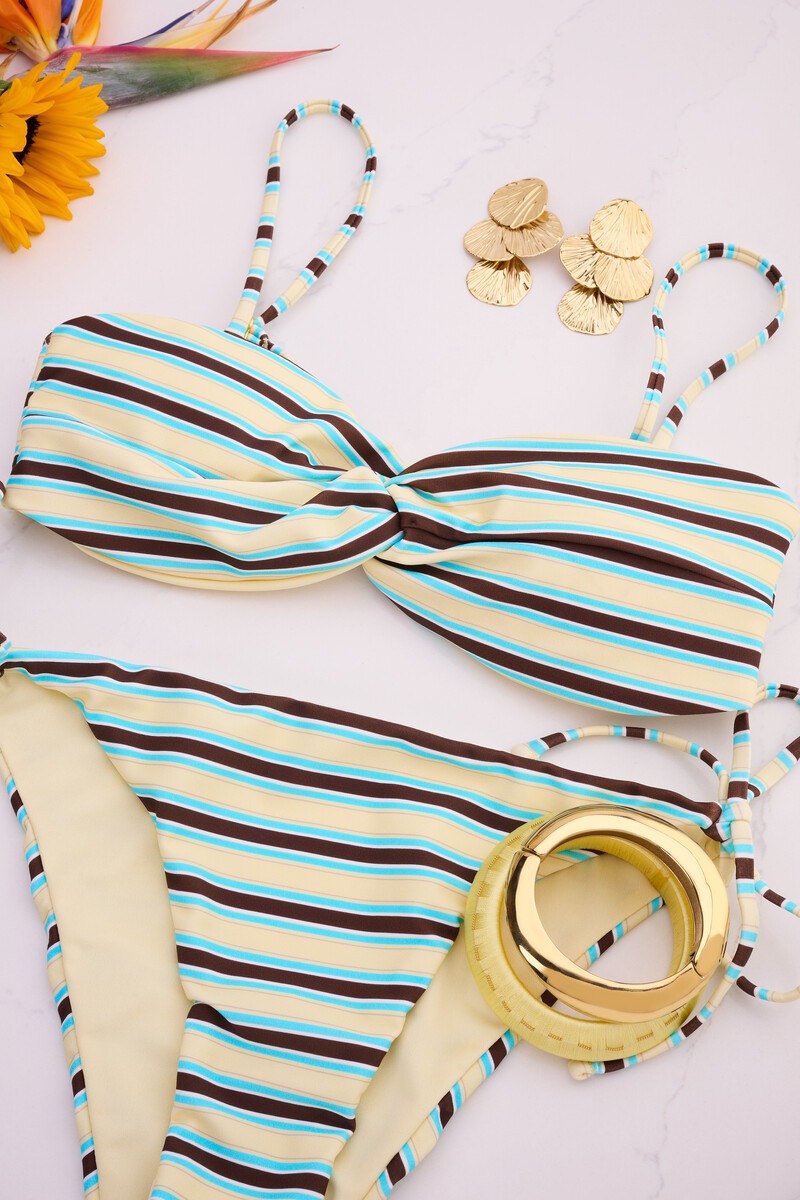 Gele bandeau bikini top met multikleur strepen