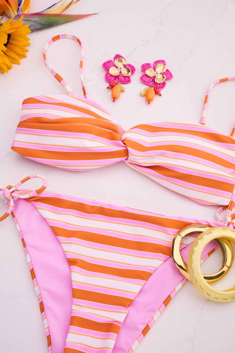 Oranje bandeau bikini top met multikleur strepen