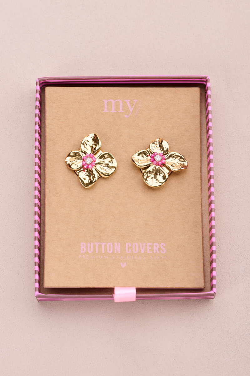 Goudkleurige bloemen met roze kralen knopen set