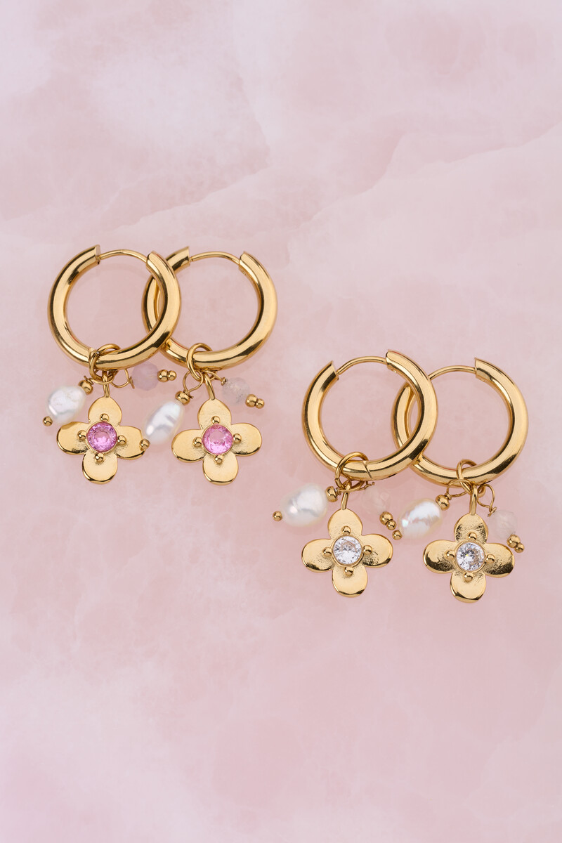 Botanical statement hoop earrings with flower and pink rhinestone | My Jewellery