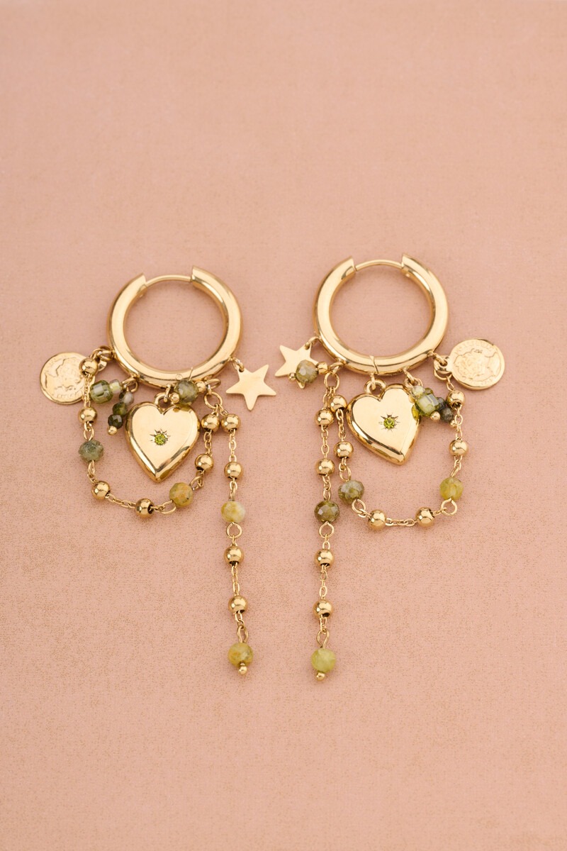 Sunrocks hoop earrings with heart and green beads | My Jewellery
