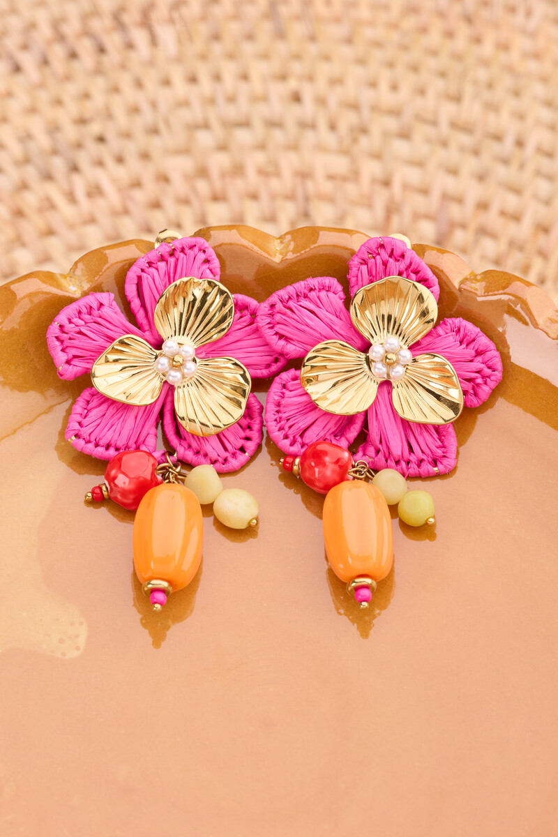 Tropical statement drop earrings with pink flower and beads | My Jewellery