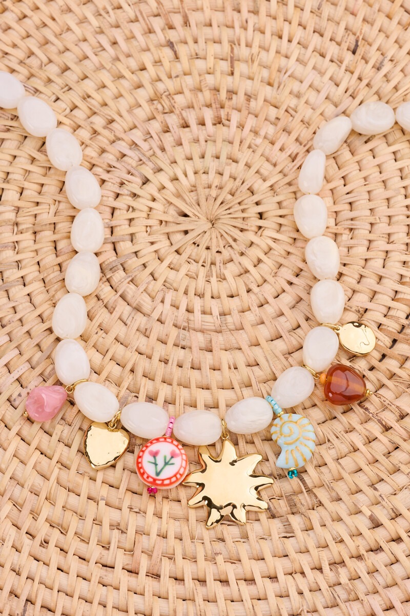 Beige beaded necklace with multicoloured charms | My Jewellery