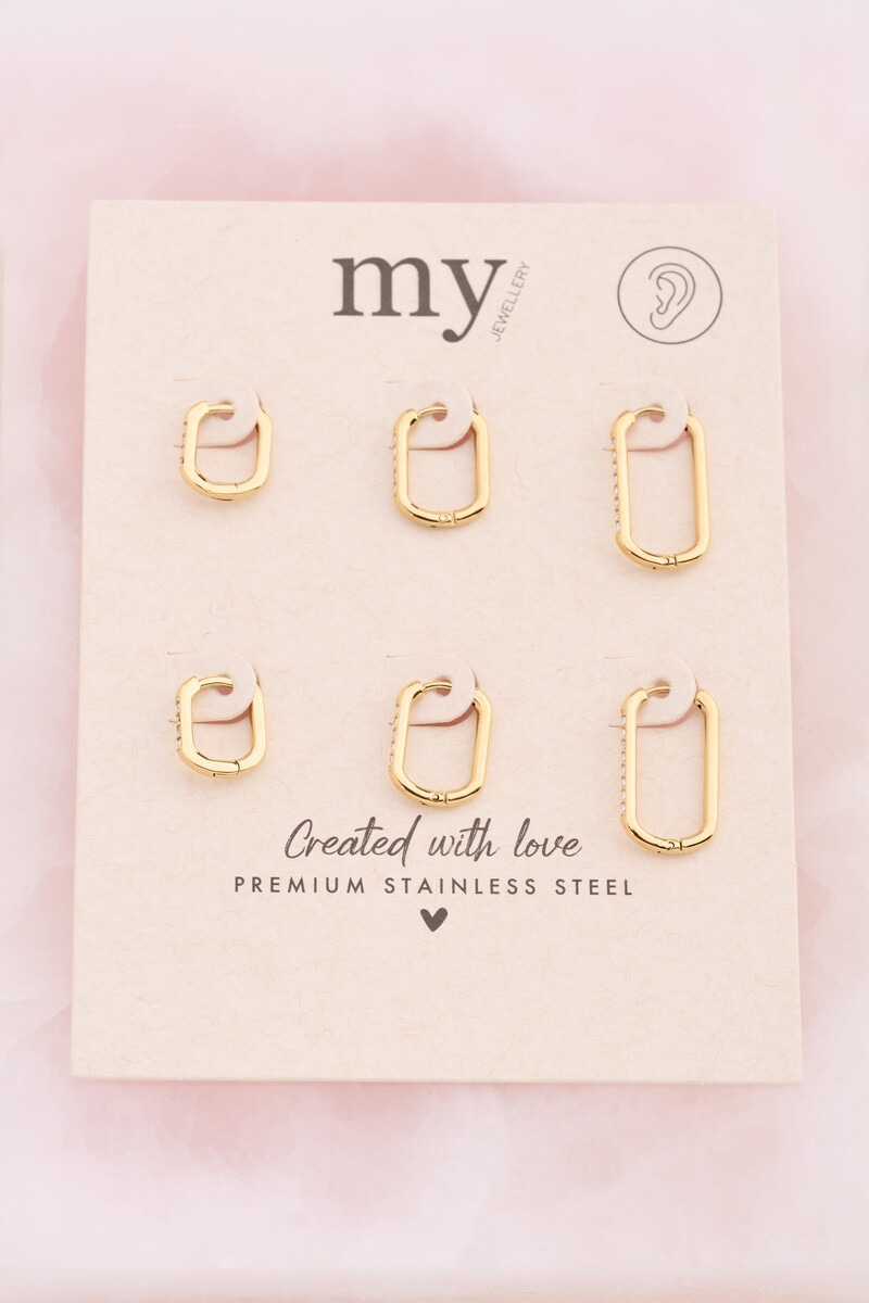 Ear game set of three square hoop earrings with rhinestones | My Jewellery