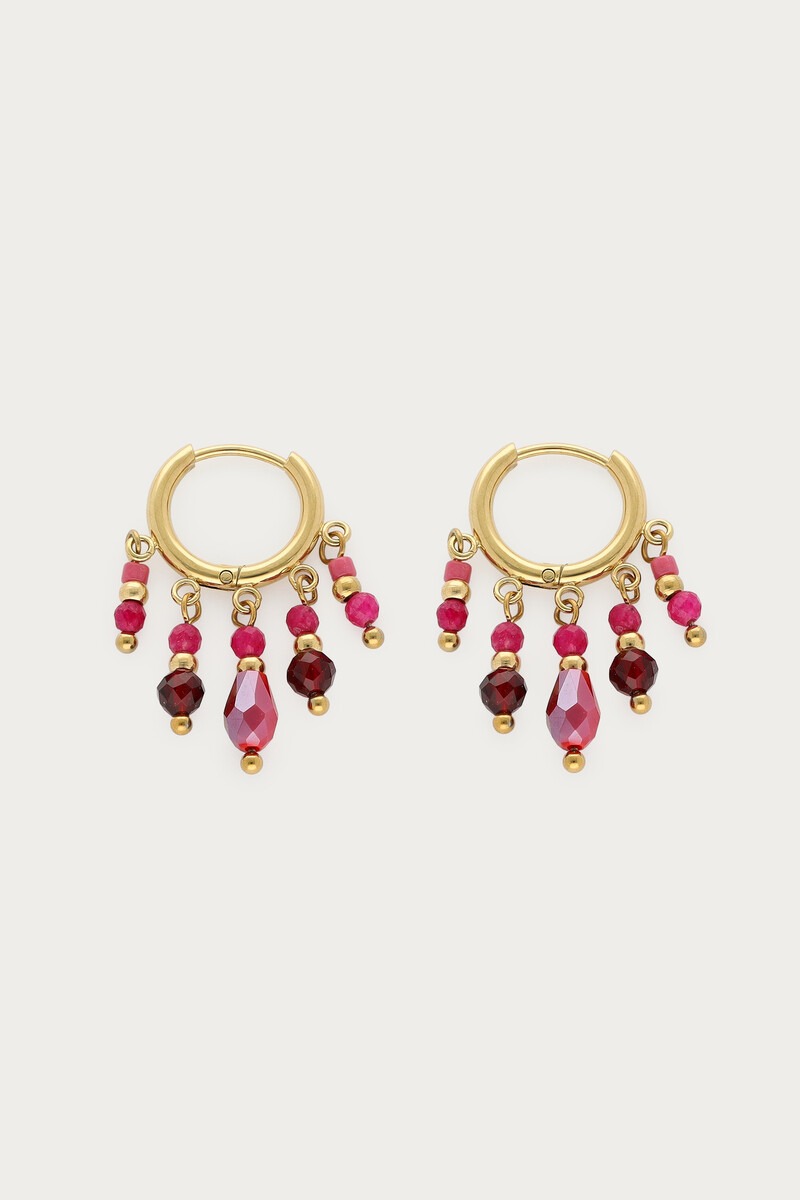 Fortune hoop earrings with strings and pink beads