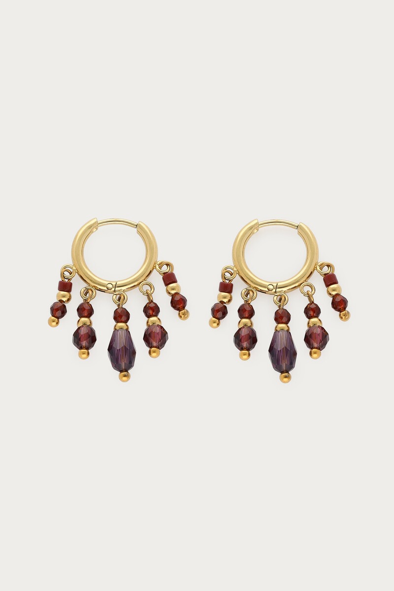 Fortune hoop earrings with strings and purple beads