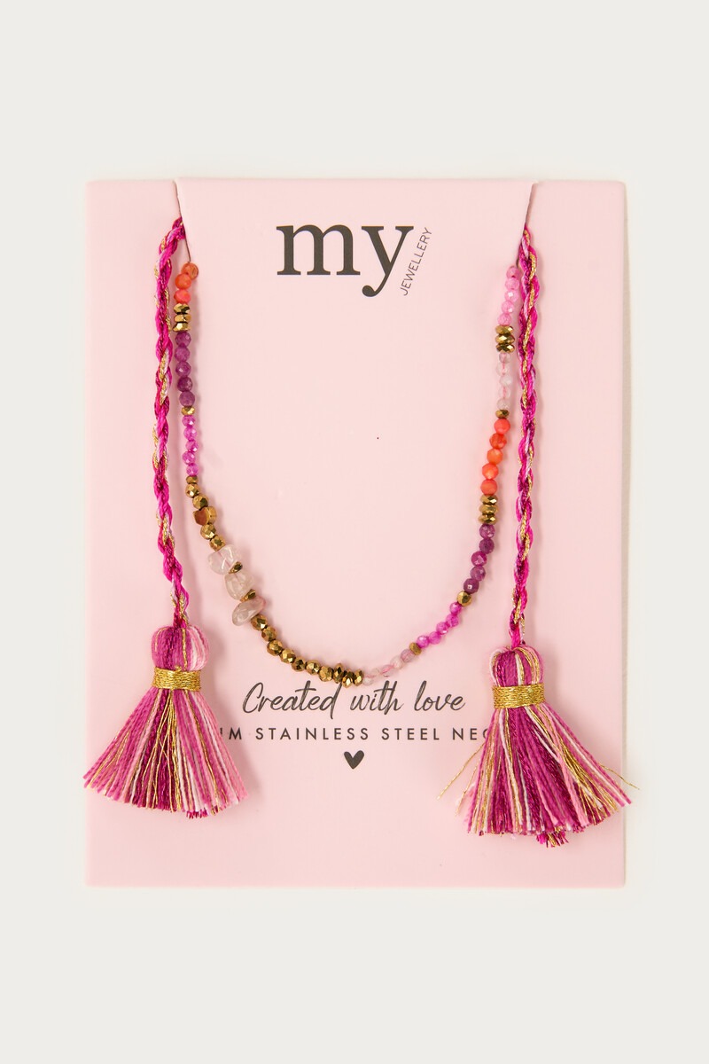 Art fuchsia braided cord necklace with beads | My Jewellery
