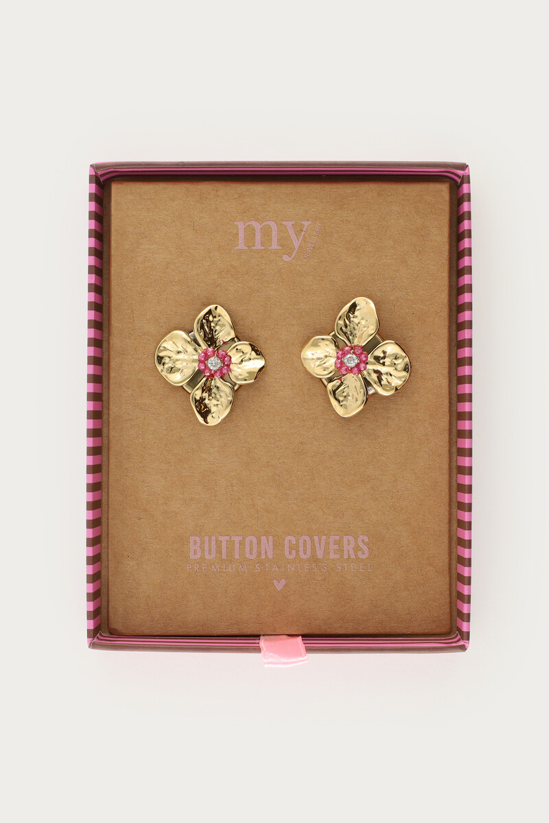 Gold flowers with pink beaded buttons set