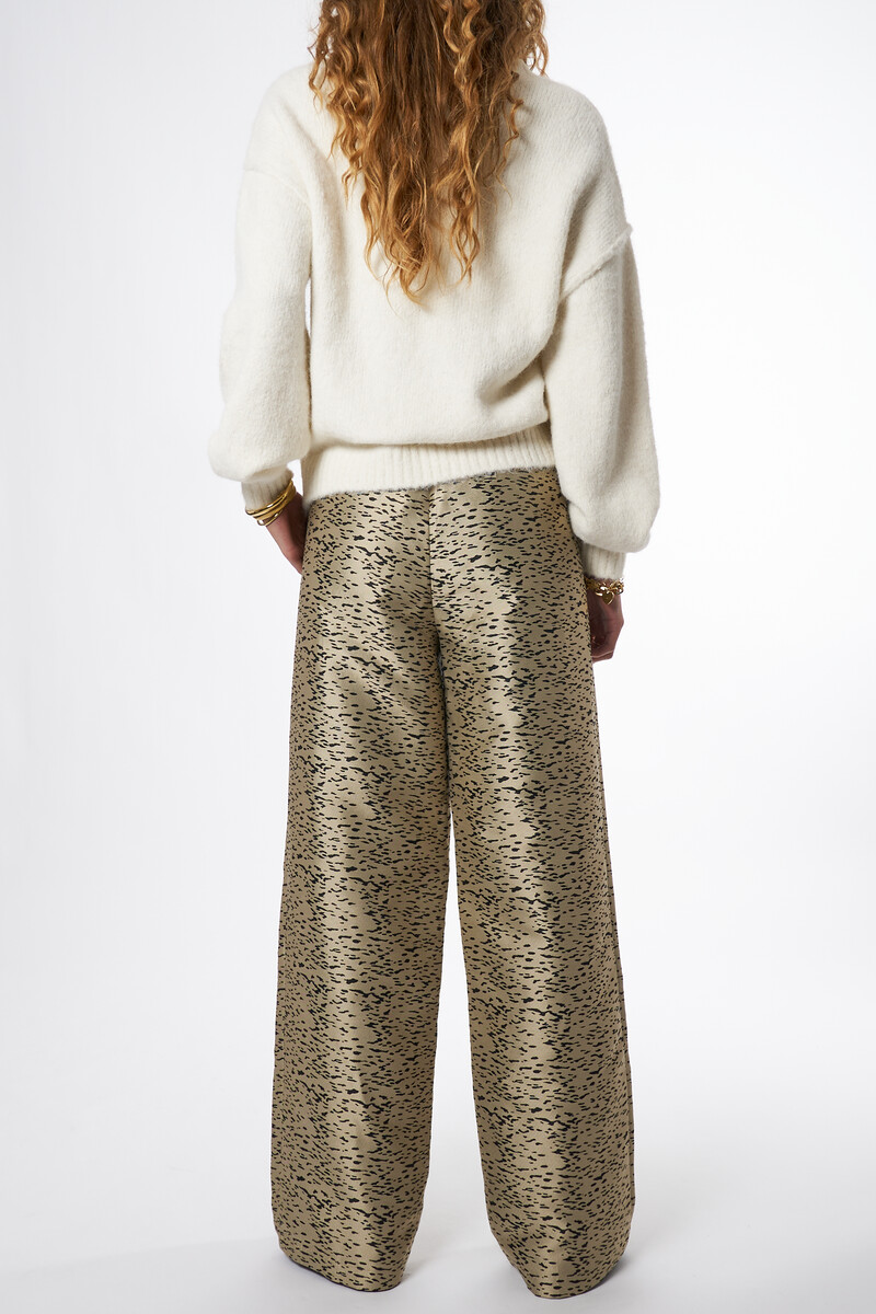 Gold wide pants with animal print | My jewellery