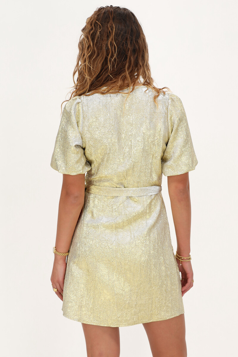 Gold wrap dress with puff sleeves | My Jewellery