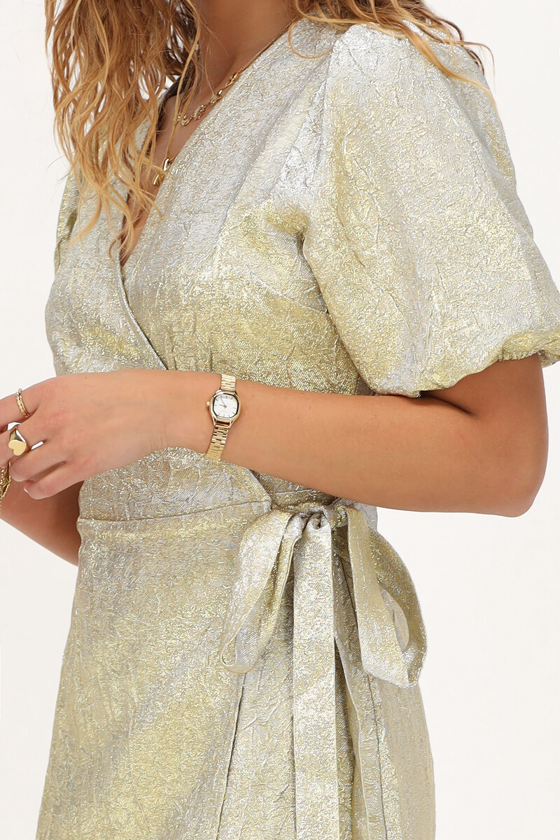 Gold wrap dress with puff sleeves | My Jewellery